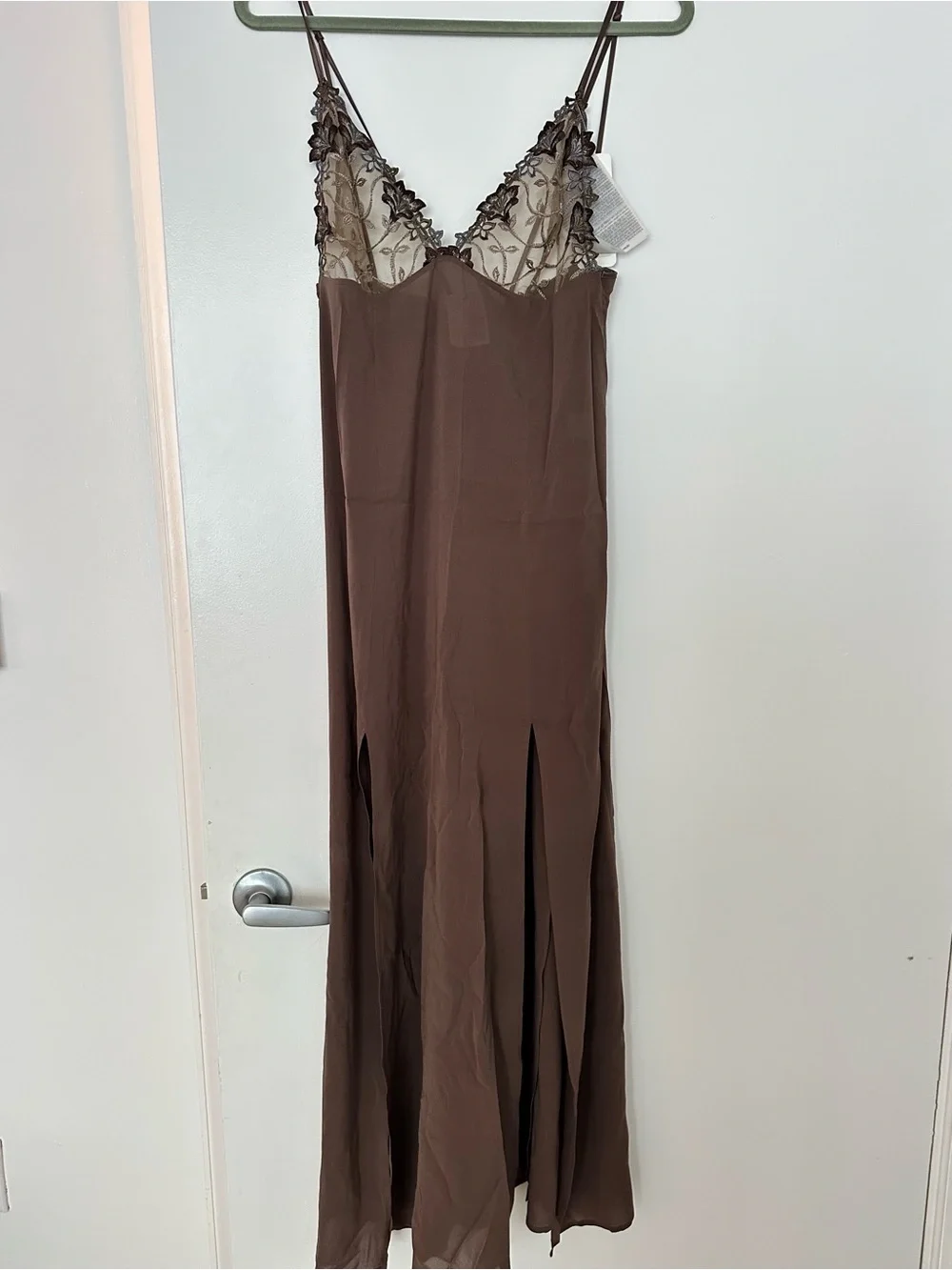 La Perla Silk Malizia Brown Lace-Trim Slip nightgown with Side Slits
